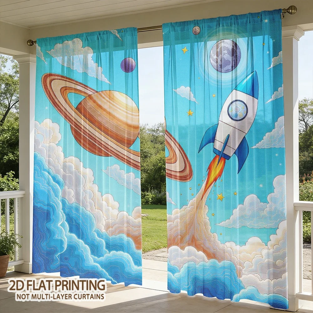 Cartoon Rocket Planet Print Sheer Curtains, Blue Space Galaxy Pattern Tulle Voile for Kids Room Boys, Sci-Fi Home Decor