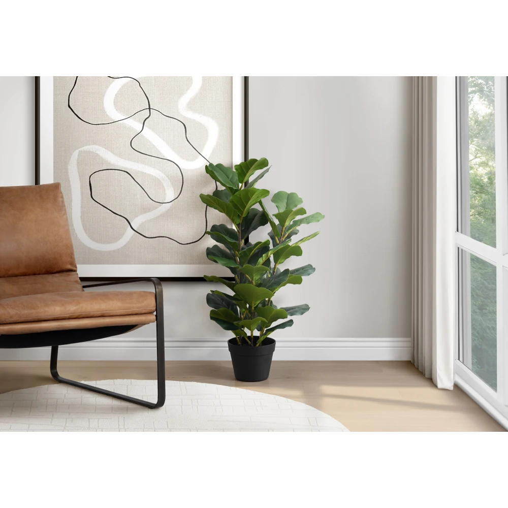 Artificial Plant, 32inch Tall, Fiddle Tree, Indoor, Faux, Fake, Floor, Greenery, Potted, Real Touch, Decorative, Green Leaves, Black Pot