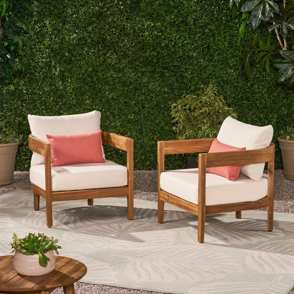 Alfy Outdoor Club Chair Set of 2 with Cushions, Teak Finish, Beige for Living Room