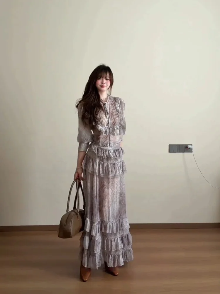 

Ladies Spring Summer Leopard Print Chiffon Shirt And Half Skirt Set with Wood Grain Elegant Commuter Style Fashionable O...