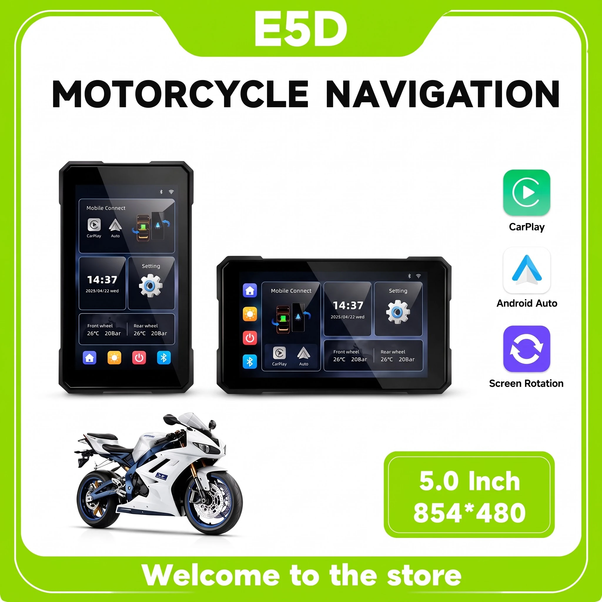 2026 Upgrade 5 Inch Motorcycle Portable Display, Support Wireless Apple Carplay & Android Auto, Dual Bluetooth Moto CarPlay Scre