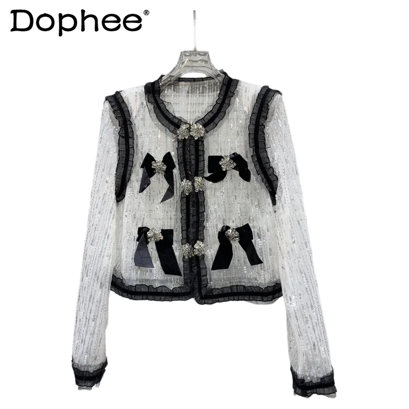 

2025 Spring New French Celebrity Diamond Buckle Pearl Sequin Mesh Lace Short Jacket Women Round Neck Long Sleeve Top