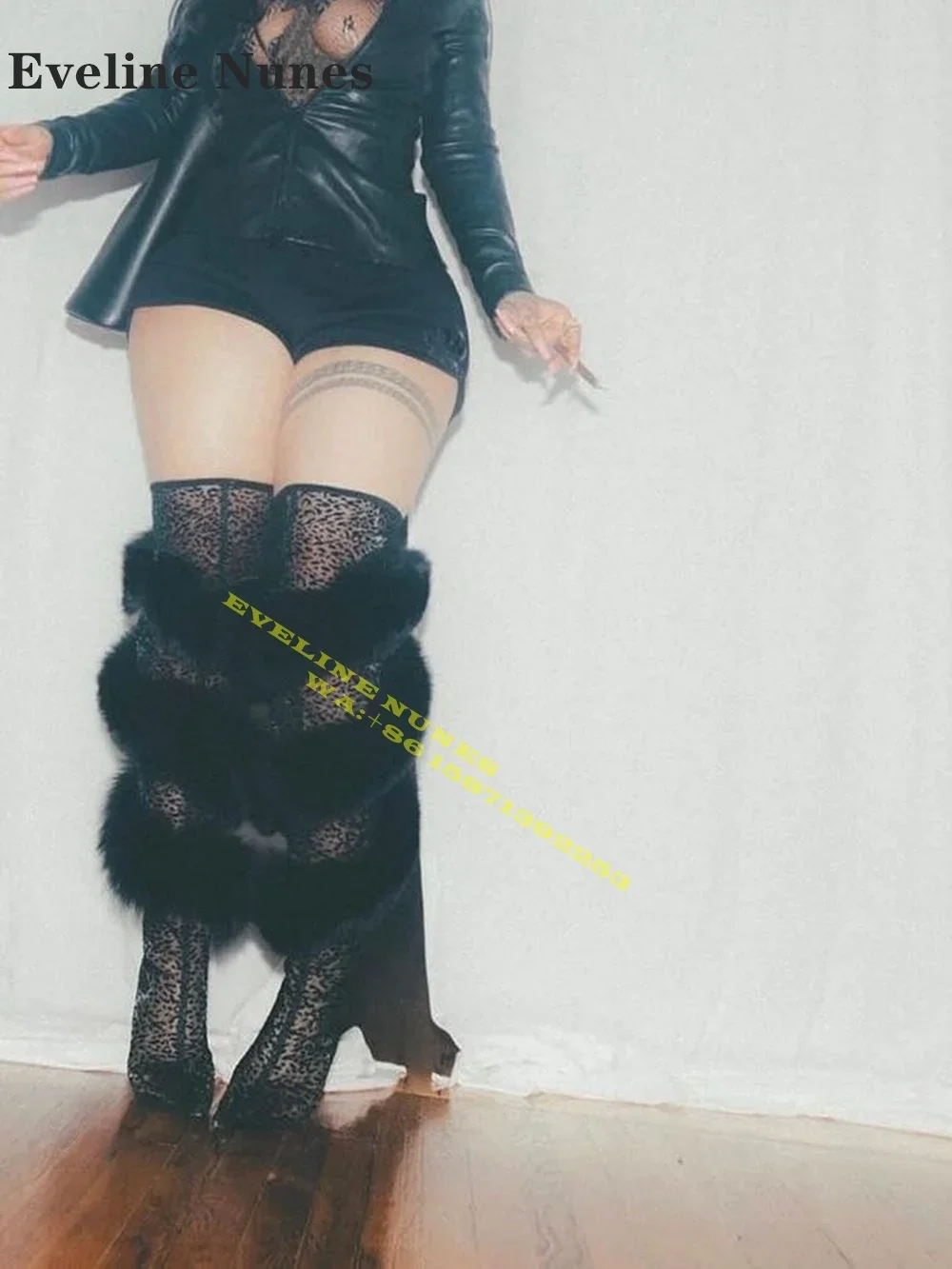 Fur Cross-Strappy Leopard Over The Knee Boots Pointed Toe Thin Heel Zipper Closure Sexy Spicy Girl Party Stage Boots Runway Show