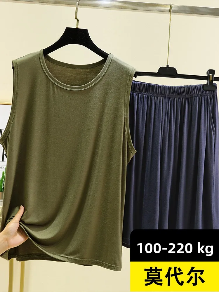 Modal Men's round Neck Vest Set Summer Sleeveless  Color Casual Loose Sleepwear Two-piece Set Comfortable Breathable