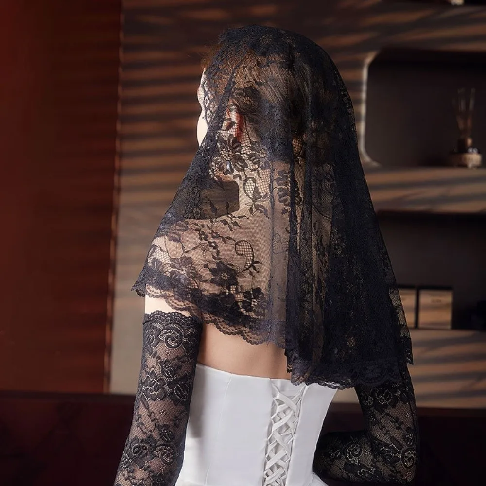 Elegant Hollow Veil Prayer Shawl Lace Trim Breathable Wedding Lace Shawl Soft Flower Mantilla Scarf Woman