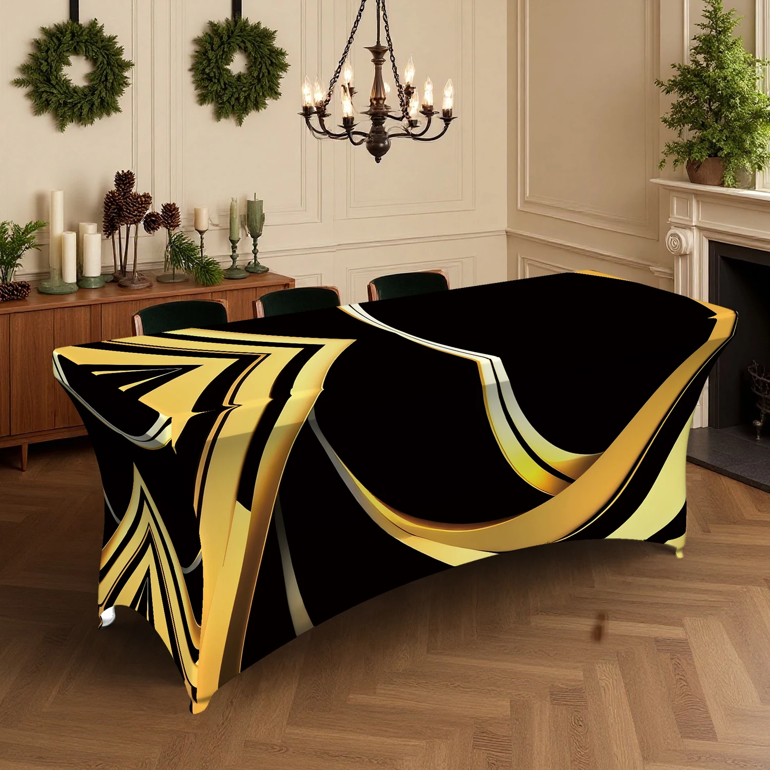 1PC Summer Outdoor Elastic Tablecloth, Luxury Black & Gold Geometric Pattern, 4/6/8FT Rectangular Stretchable