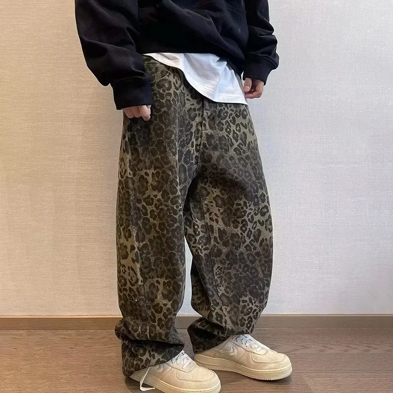 Designer Harajuku Denim Pants Youth Popular Oversize Men Loose Casual Y2k High Quality Jeans American Stylish Leopard Trouser