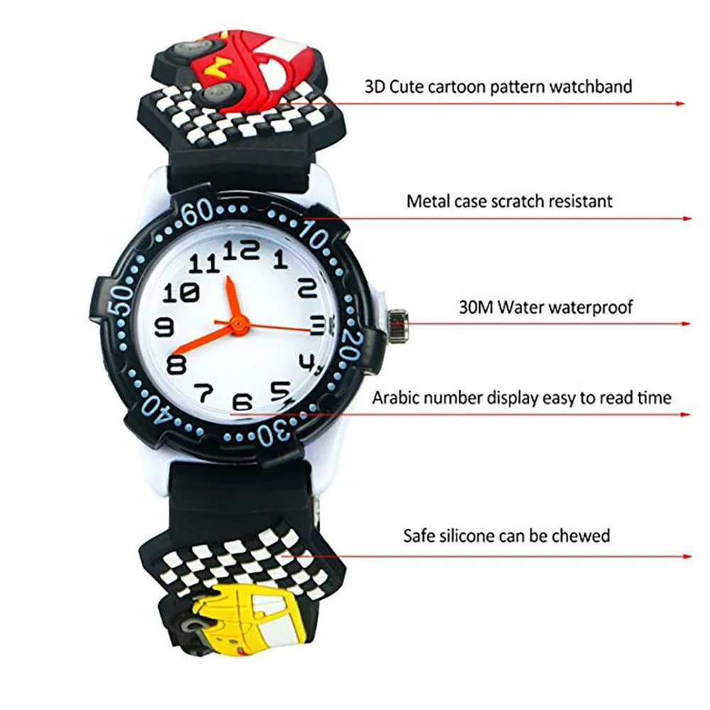 Montre étanche en silicone pour enfants, montre-bracelet 3D pour tout-petits, voiture de dessin animé mignon, cadeaux d'horloge pour enfants, filles et garçons de 2 à 12 ans, nouveau