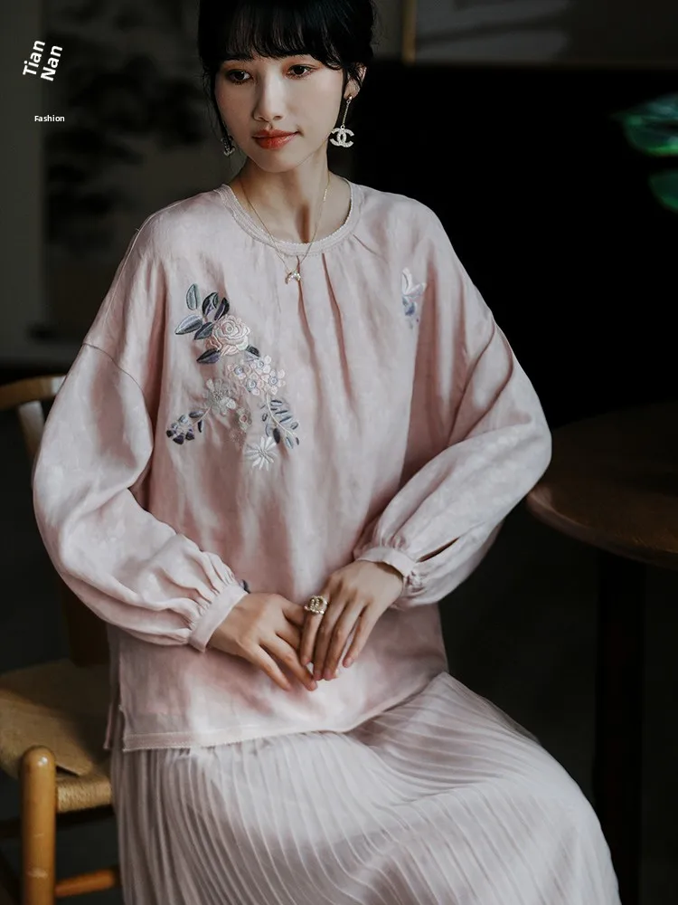 

New Sle round Ne Improved Top Faionable Versatile Chinese Sle Embroidered Younger Version for Young Girls