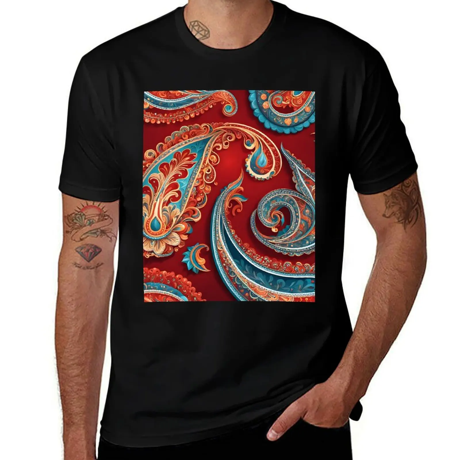 Red Paisley Peacock Fusion T-Shirt Fitness Training Breathable Tee T-Shirt