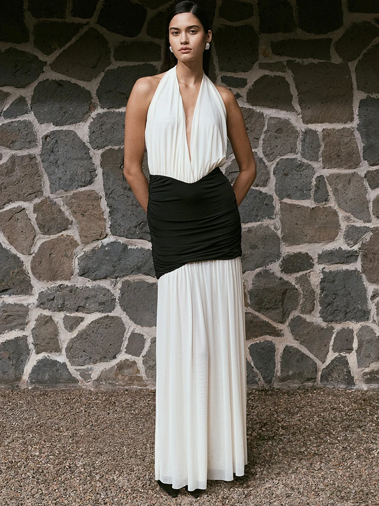 

Sibybo Sleeveless Patchwork Women Maxi Dress Elegant Halter V Neck Backless Slim A-line Evening Party Dresses Sexy Bodycon Robes