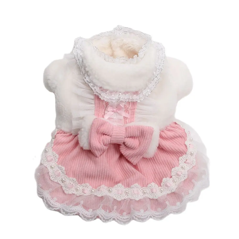 Princess Dog Cat Warm Dress Double Lace&Bow Design Puppy Winter Coat Outfit for Female Dogs Cats