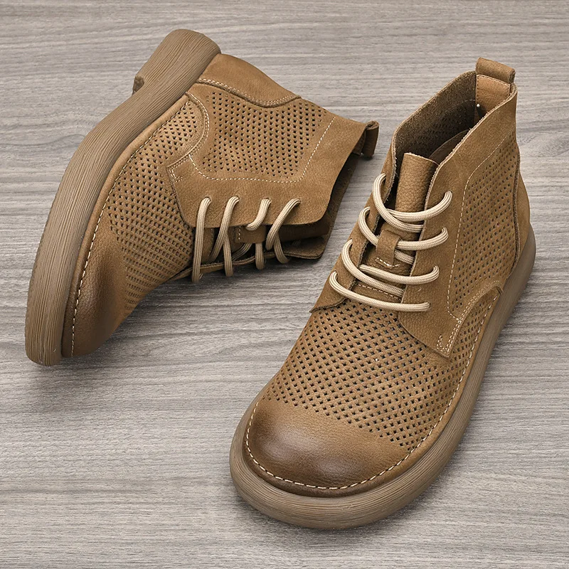 LIHUAMAO Cow Leather Ankle Boots Lace up Casual Men Shoes Footwear Sneaker Casual Shoes Motorcycle Boots Outdoor Hiking High Top