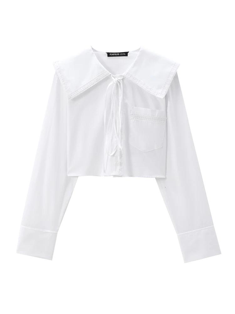 KAOPU ZA Women with tie patch pocket shirt vintage lapel-neck long sleeves button-up female blouses blusas chic tops