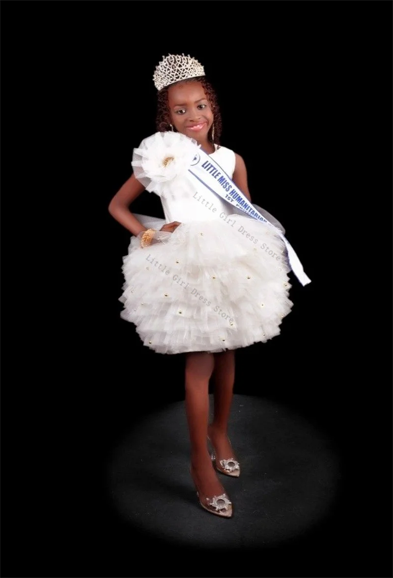 

White Princess Flower Girl Dress Sexy Sleeveless Flower Beads Short Mini Wedding Gown Kid Birthday Party Pageant Gown Customized