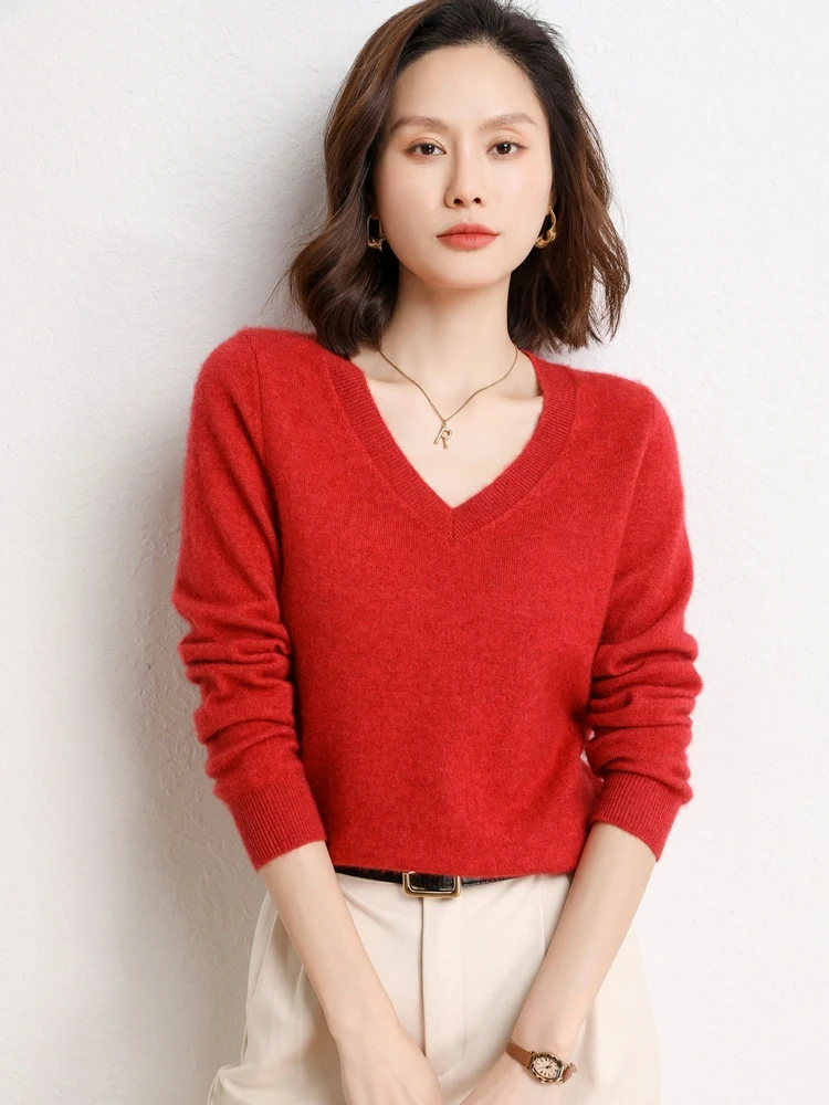 Básico 100% puro cashmere malhas pulôver camisola outono inverno com decote em v das mulheres de manga comprida topos grosso base quente roupas macias