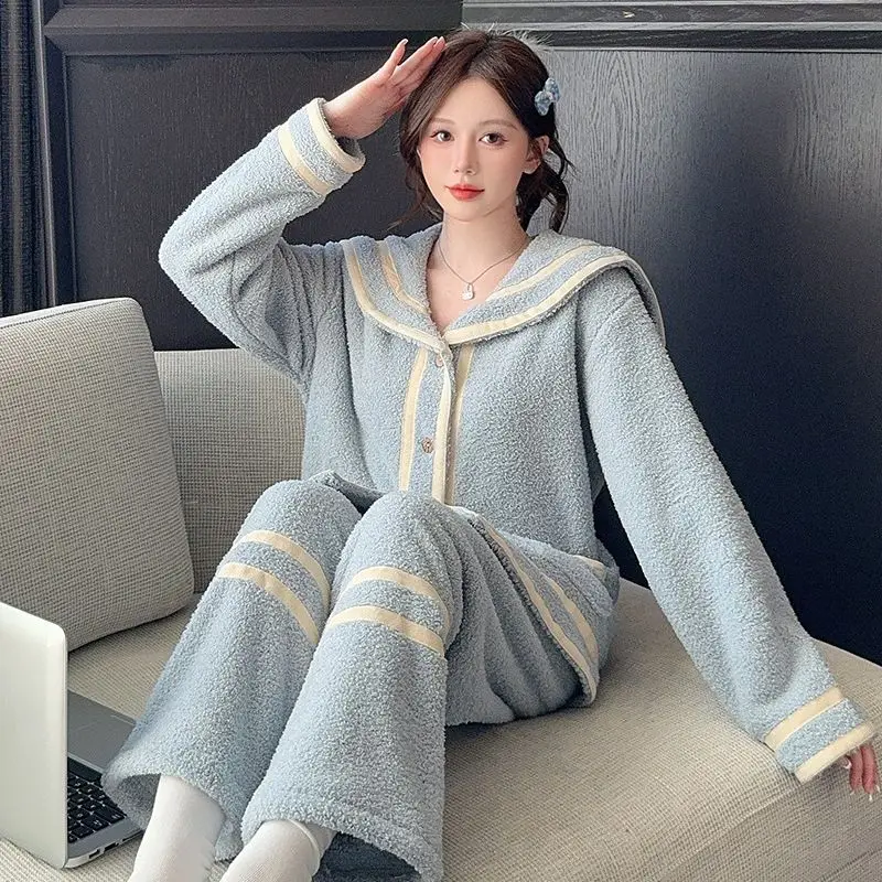 

half-pile Women's pajamas autumn winter new model fleece-lined cardigan long sleeves keep warm homewear Wearable as outerwear