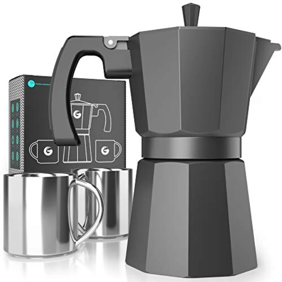 

Кофеварка Moka Pot на 6 чашек (12 унций) для приготовления эспрессо на плите - классический итальянский и кубинский кофейник с 2 чашками из нержавеющей стали, матовый серый цвет.