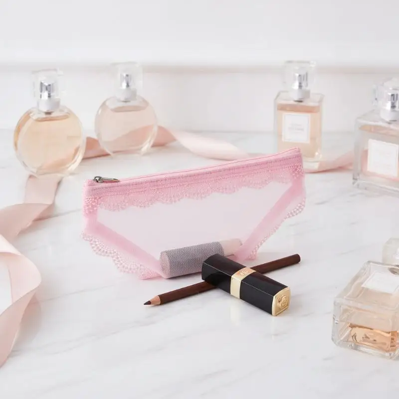 Mesh Lace Heart Brief Shape Cosmetic Bag Y2K Transparent Makeup Storage Pouch Portable Toiletry Bag Beauty Cosmetics Storage Bag