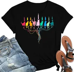 Hanukkah Shirt Women Cat Menorah Candles T-Shirt Jewish Menorah Chanukah Short Sleeves Tee Tops