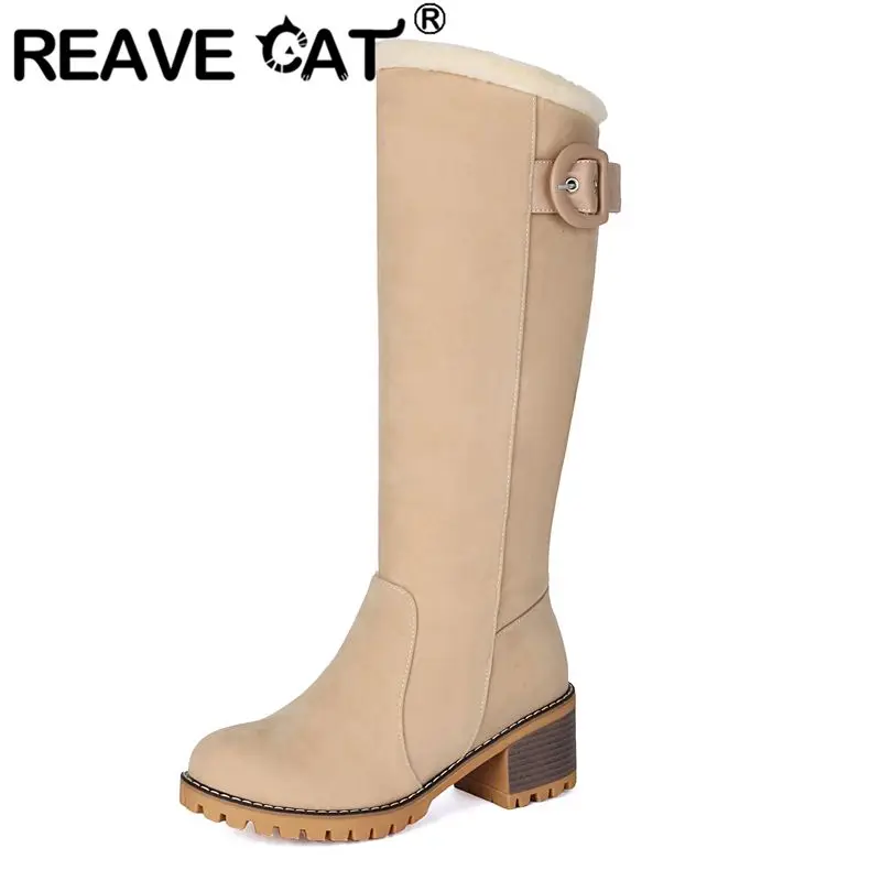 

REAVE CAT Fashion Women Knee High Booties Round Toe Block Heels Zipper Flock Suede Belt Buckle Warm Snow Bota Red Sizes 41-43