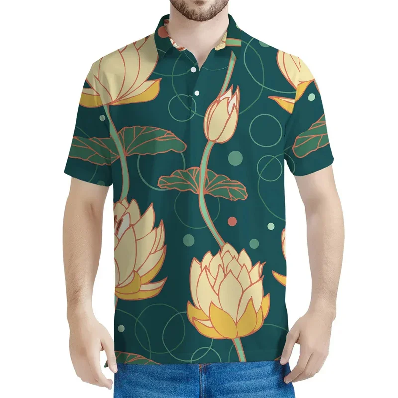 Flower Leaf Lotus Pattern Polo Shirt Men 3D Print Floral Tee Shirts Summer Casual Street Button T-Shirt Lapel Tops Short Sleeves