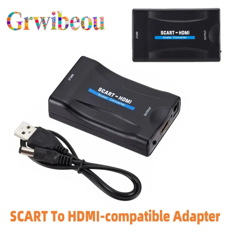 NEW 1080P SCART To HDMI-compatible Video Audio Upscale Converter Adapter for HD TV DVD for Sky Box STB Plug and Play DC Cable