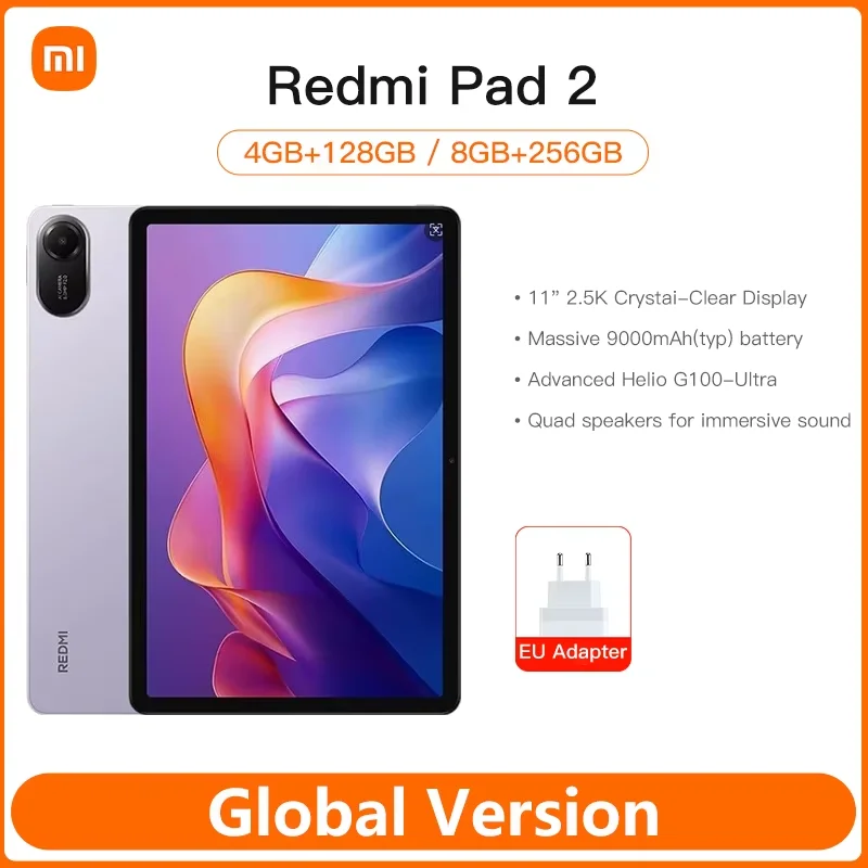 Xiaomi Redmi Pad 2 Global Version, улучшенный процессор Helio G100-Ultra, 11-дюймовый 2.5K дисплей с кристально чистым изображением, зарядка 18 Вт, аккумулятор 9000 мАч (без SIM-карты)