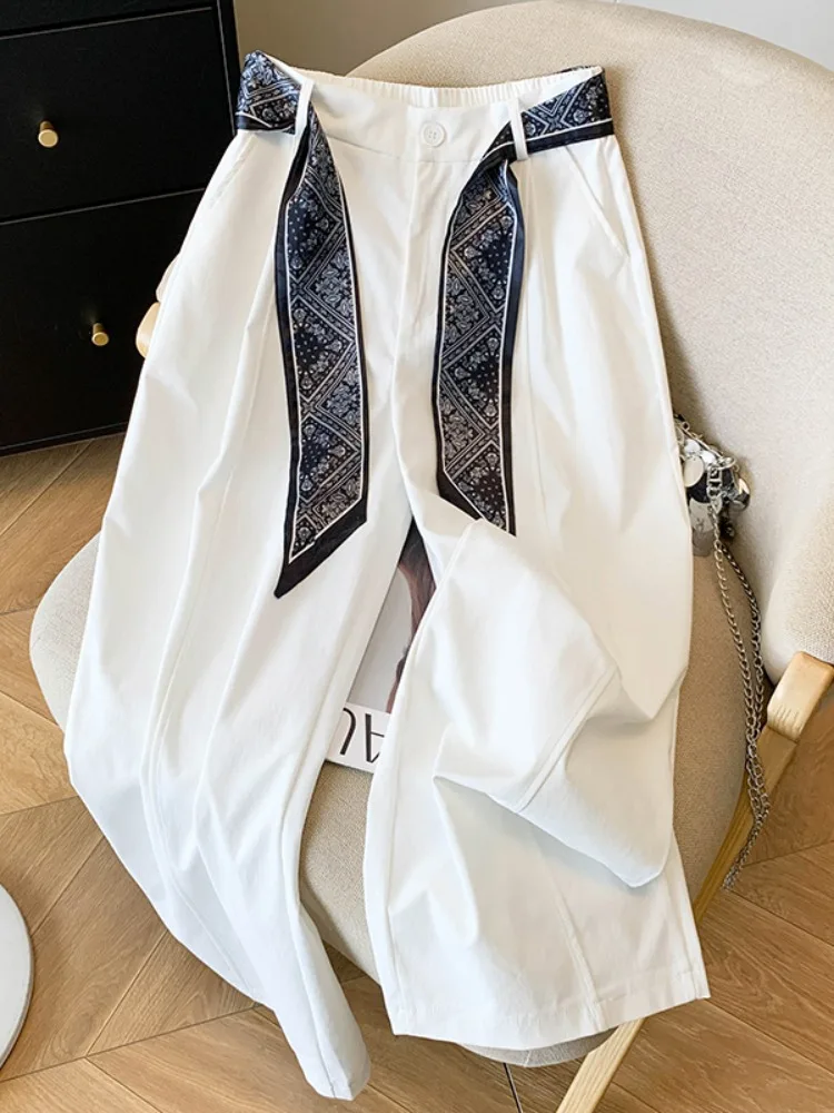 

Белые женские брюки-палаццо на весну-лето, свободные повседневные брюки с высокой талией на молнии, однотонные, прямого кроя, из полиэфирного волокна