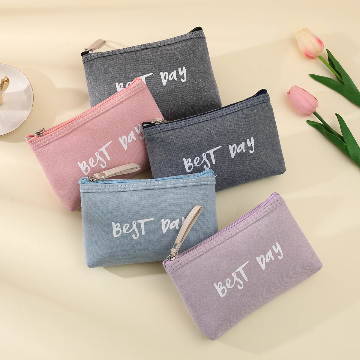 

Small and cute letter cosmetic bag five-piece set with zipper travel mobile phone bag portable casual canvas shopping coin purse