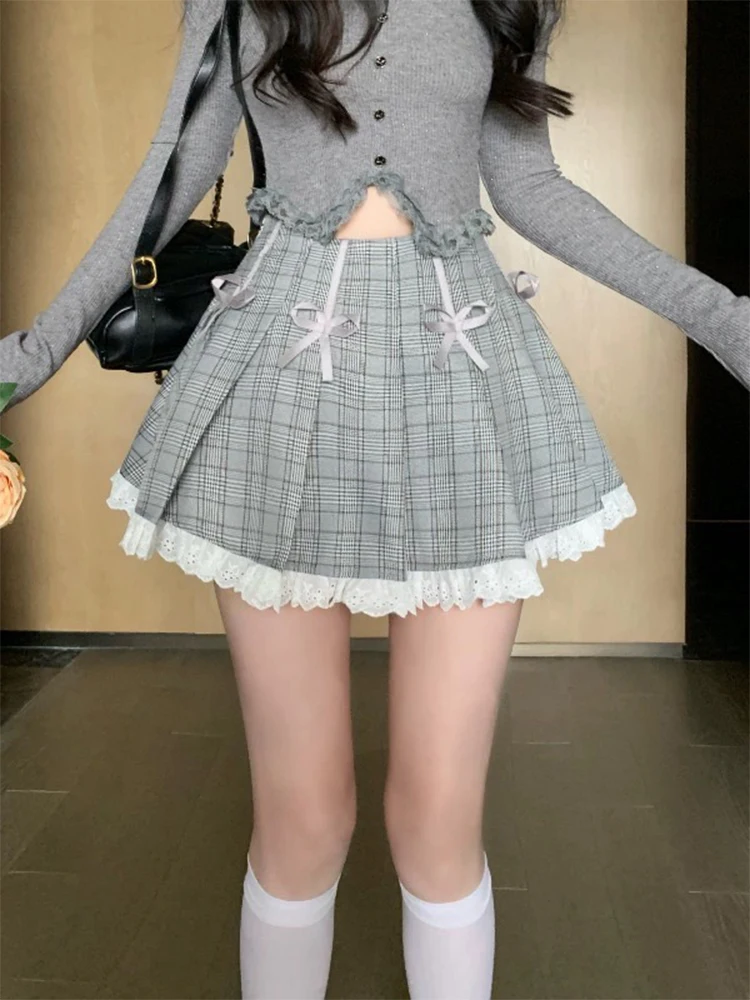 Women's A-line Pleated Skirt Aesthetic Vintage Y2k Mini Plaid Skirts Harajuku Korean Preppy Style Bow Skirt 2000s Clothes Summer