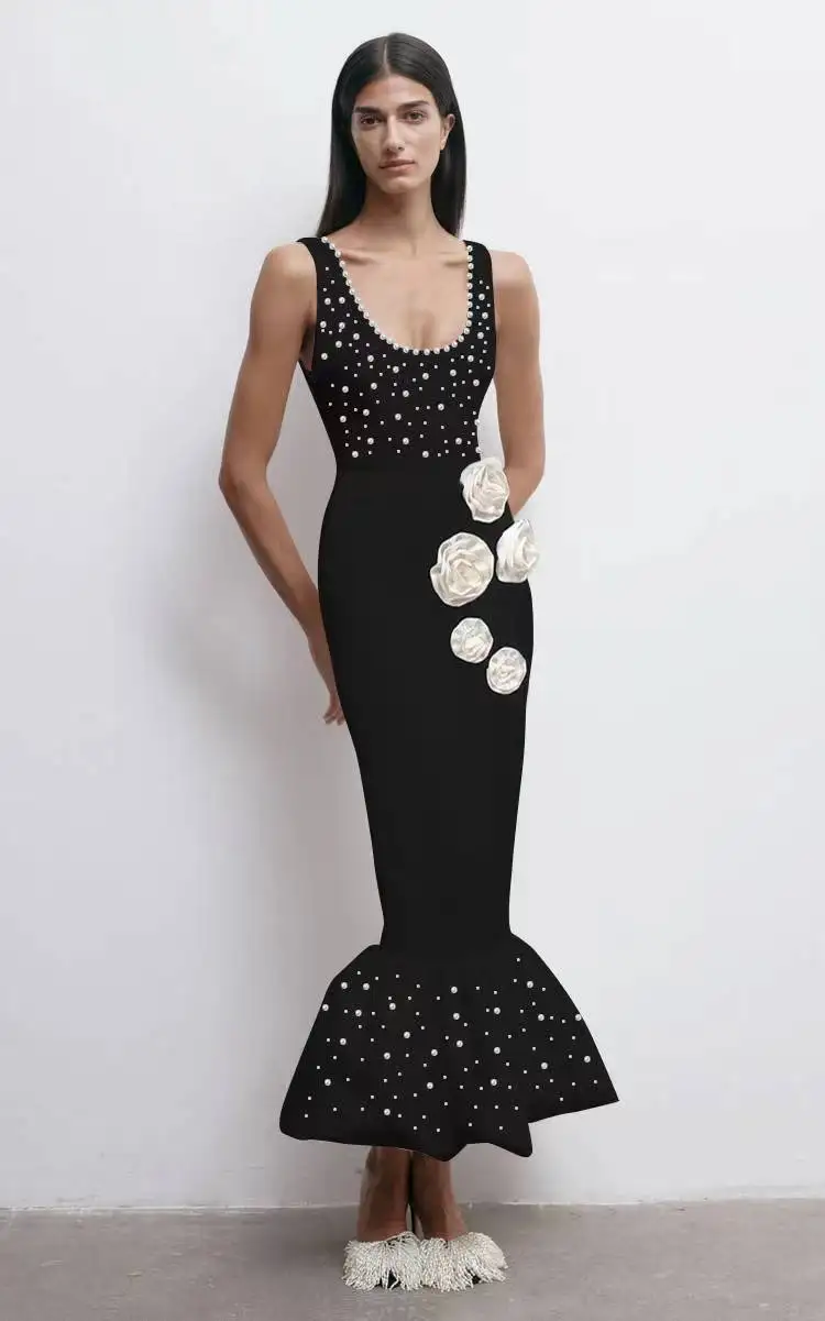 

GORAFASHION Women Celebrity Sexy Tank Pearl Flower Black Midi Mermaid Bodycon Bandage Dress Elegant Evening Club Party Dress