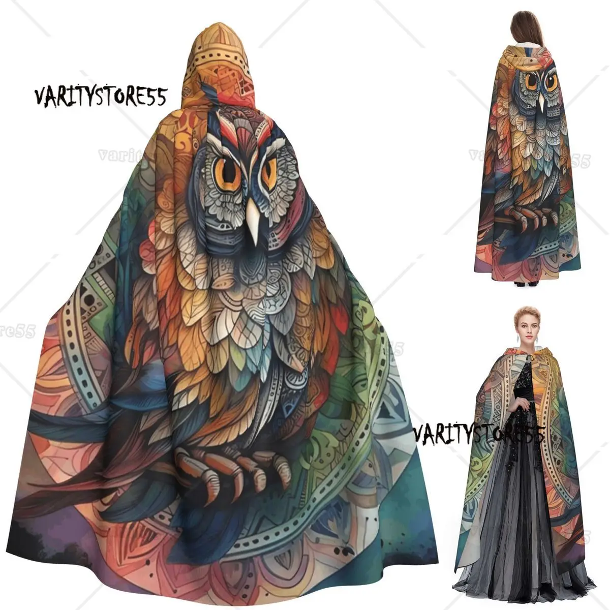 

Мандала Сова Декор Длинный Плащ С Капюшоном Ведьма Средневековый Костюм Косплей Накидка Хэллоуин Пальто Для Взрослых Унисекс