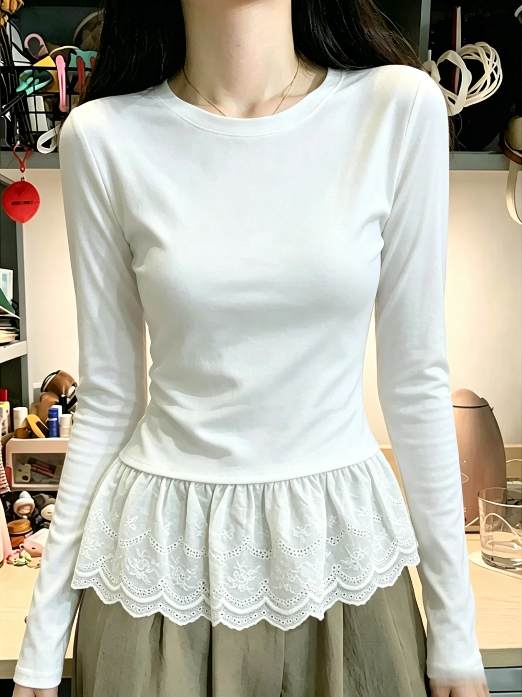 95% Cotton Long Sleeve T-Shirt Women's Ballet Lace Hem Base Layer Shirt Summer Simple Style Cotton Polyester Blend