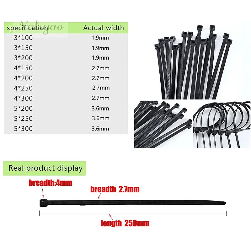 300pcs Three Mode Self-Locking Nylon Wire Cable Zip Ties Black Fasten Loop Various Sizes