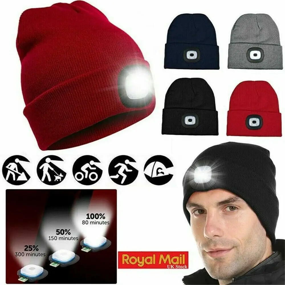 Hot Unisex LED Beanie Hat With USB Rechargeable LED Luminous Cap Head Lamp Light High Powered Knitted Caps Lighting