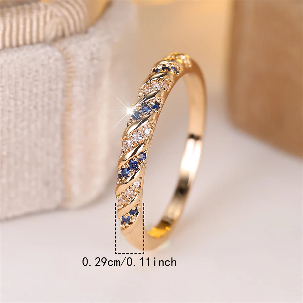 Modische Ringe mit blauem Kristall und weißem Zirkon, runder Stein, gedreht, für Damen, Vintage-Stil, goldfarben, Hochzeitsschmuck, vielseitige Geschenke für die Braut – Detail 6