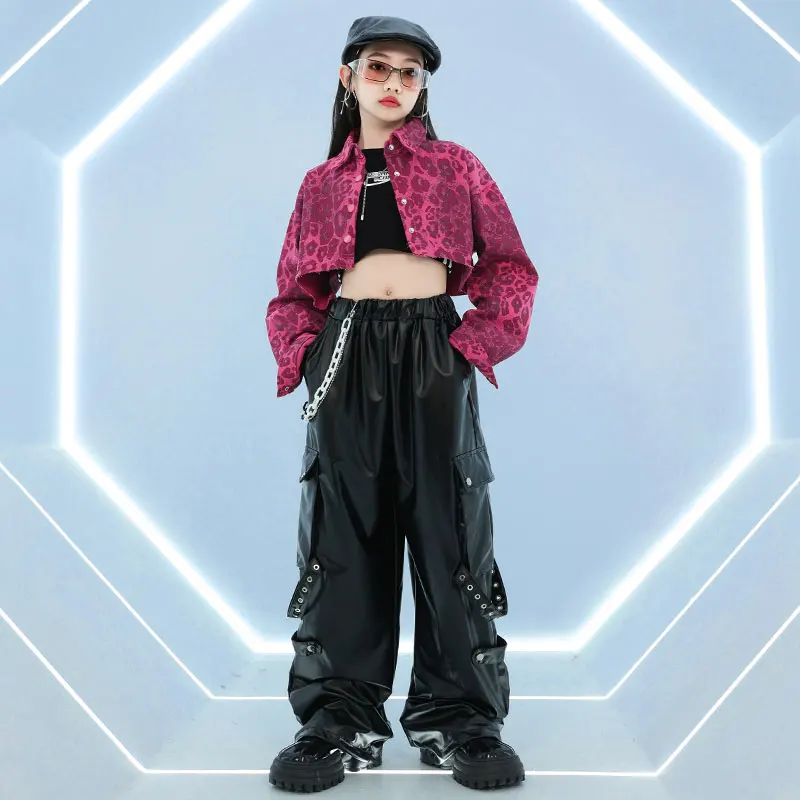 Mädchen K-Pop Leopard Crop Top Hemd Cargo Hosen Kinder Hip Hop Jacke Street Dance Kleidung Sets Kinder Teenager Jazz coole Kostüme