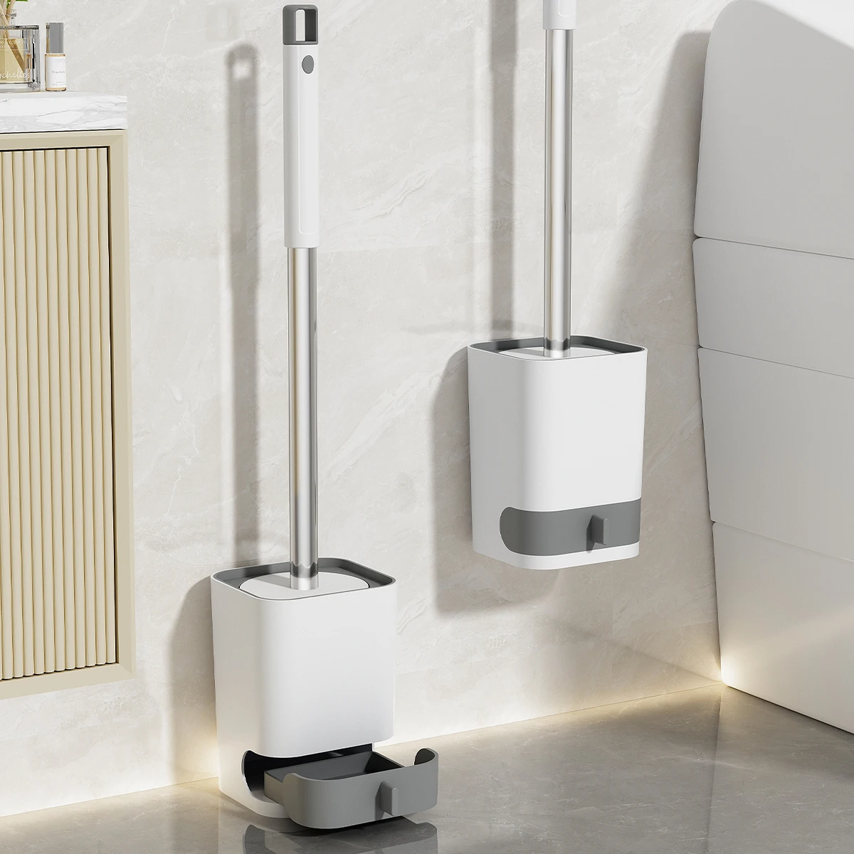 Cepillo de baño de plástico de mango largo con soporte extraíble, cepillo de limpieza de inodoro sin perforaciones para colgar en la pared, accesorio limpiador de baño