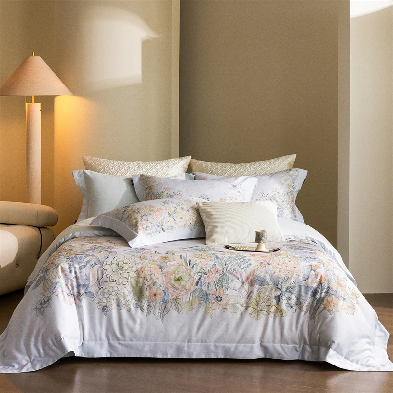 60S Egyptian Cotton Brushed Digital Printing Luxury Bedding Set, Flowers Prints Duvet Cover, Bed Sheet/Fitted Sheet, Pillowcases