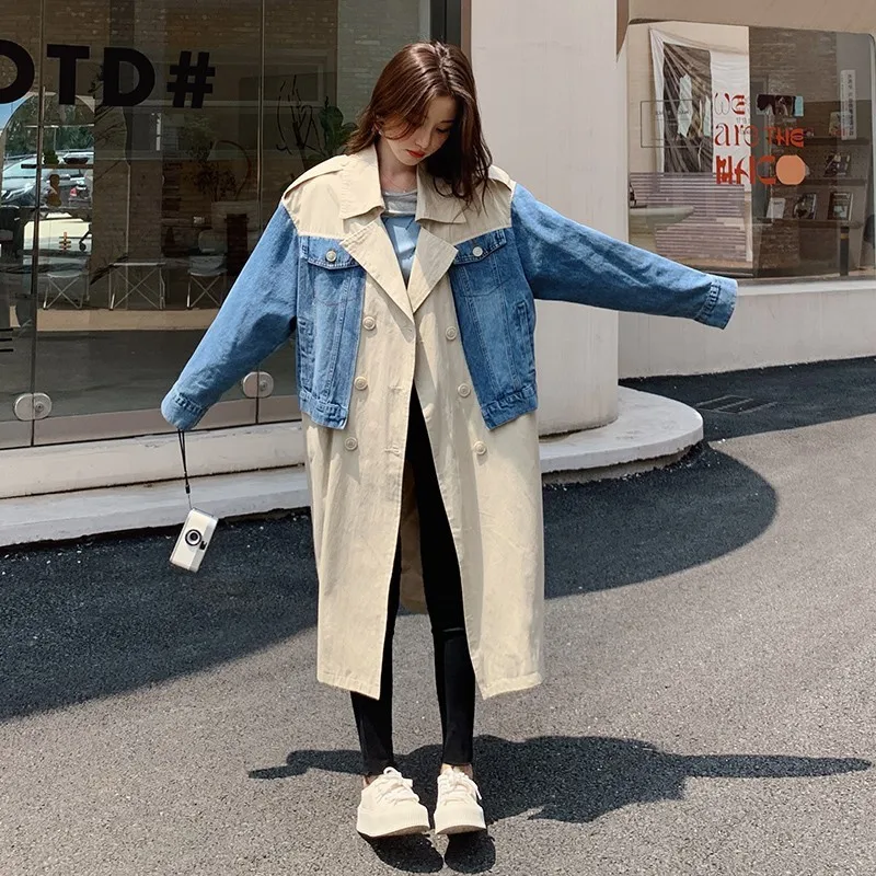 Denim Stitching Trench Coat For Women 2023 Spring New Lapel Double Breasted Loose Fashion Long Windbreaker