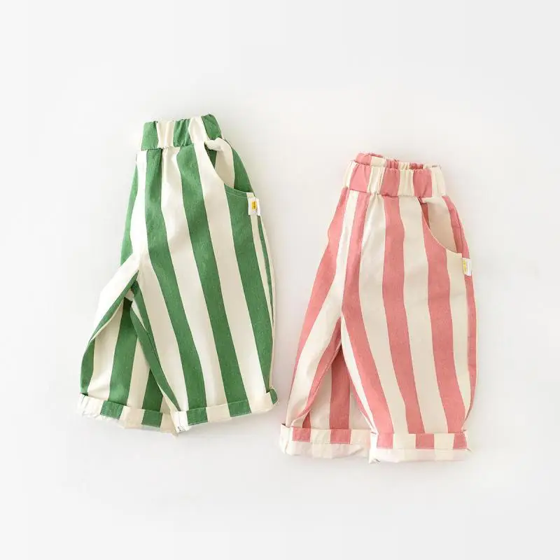 2025 Spring Boy Girl Children Loose Strped Casual Pants Baby Pockets Fashion Pants Kid Outdoor Cotton Trousers Toddler Costume
