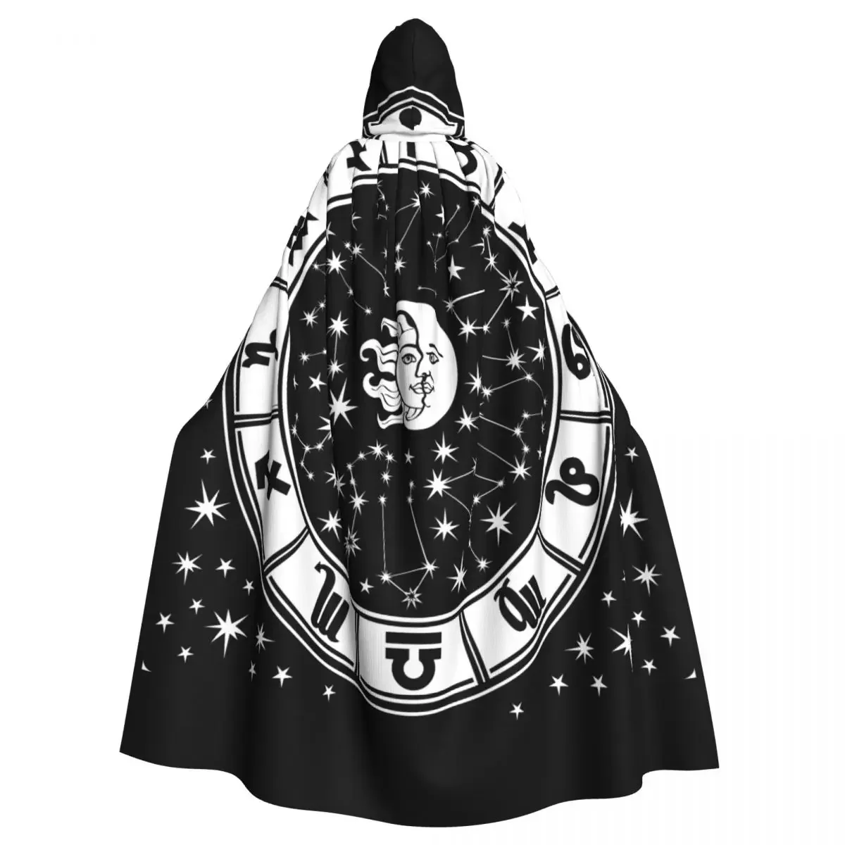 Horoscope Circle Black And White Zodiac Sign Hooded Cloak Polyester Unisex Witch Cape Costume Accessory