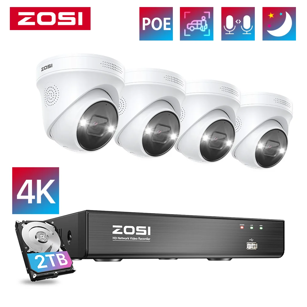 ZOSI 4K 8MP 5MP POE Video Surveillance Kit 8CH H.265 Home CCTV NVR Set Color Night Vision AI Detection IP Security Camera System