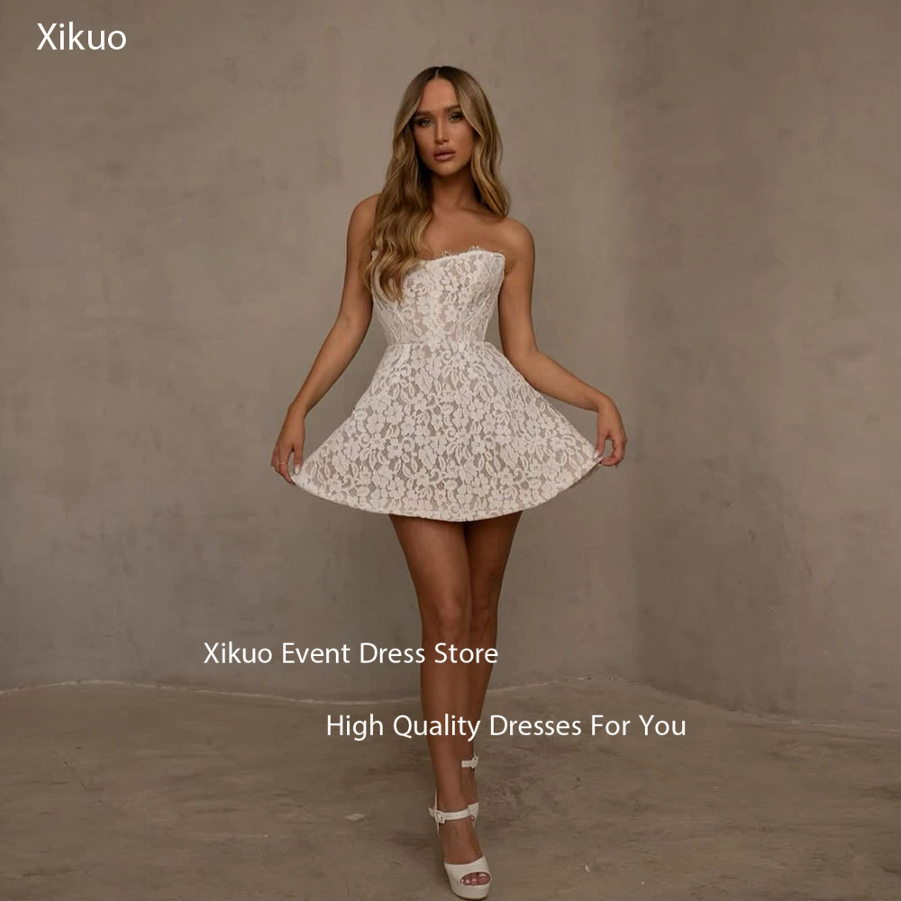 Xikuo A-lijn mini kanten avondjurk mouwloos kanten galajurk boven de knie strapless cocktailjurken dames op maat