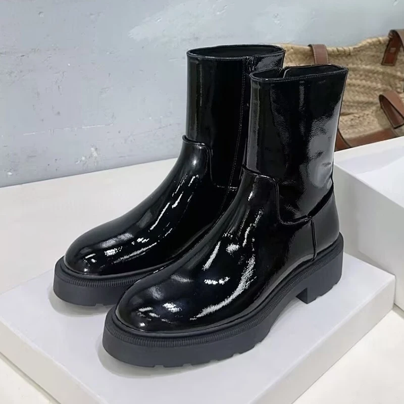 Patent Leather Thick Heels Short Boots Women Side Zipper Design Solid Color Ankle Botas  Autumn Winter Versatile Riding Boots