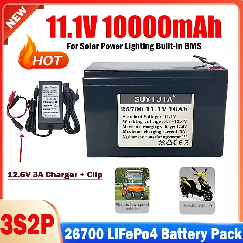 New 11.1V 10000mAh LiFePo4 Rechargeable 26700 12V Battery Pack 4000+Cycles Lithium Battery for Solar Power Lighting Built-in BMS