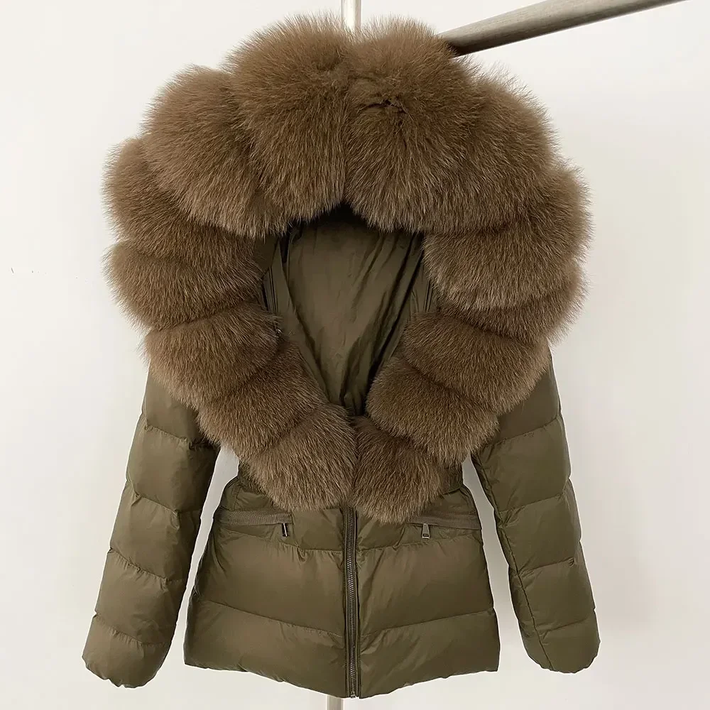 Großer echter Fuchs Pelzmantel 2024 Winter Puffer Jacke Gürtel elegante warme 90% weiße Enten Daunen jacke weibliche V-Ausschnitt Natur pelz jacke
