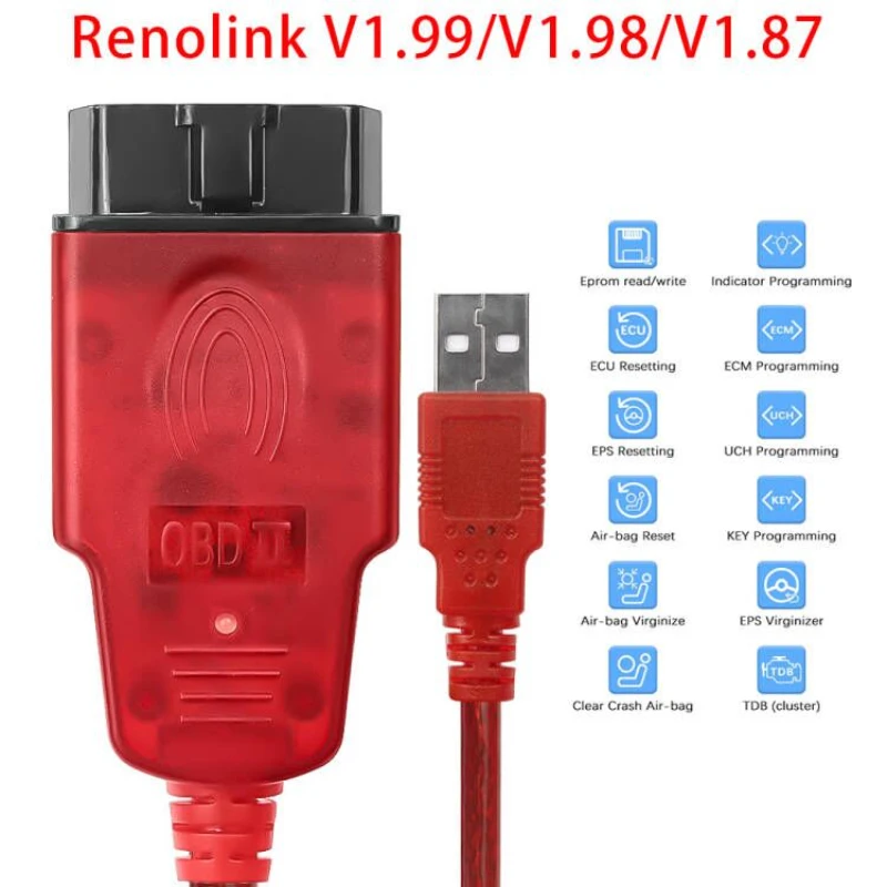 2023 Renolink V199 Professional OBD2 Diagnostic Cable ECU Programmer Key Coding Airbag Reset Renolink V1.87 Added Extra Function