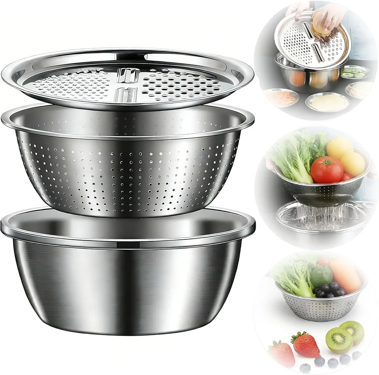 Stainless Steel 3in1 Kitchen Set with Grinding and Multifunctional Filter Bowl for Potato Slicer, Vegetable Washing Basin